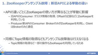 © 2019 NTT DATA Corporation 34
1. ZooKeeperアンサンブル故障：新旧APIによる挙動の違い
• APIの違いごとにZooKeeperの使い方が異なることが挙動に影響
– 旧APIのConsumer: クラ...