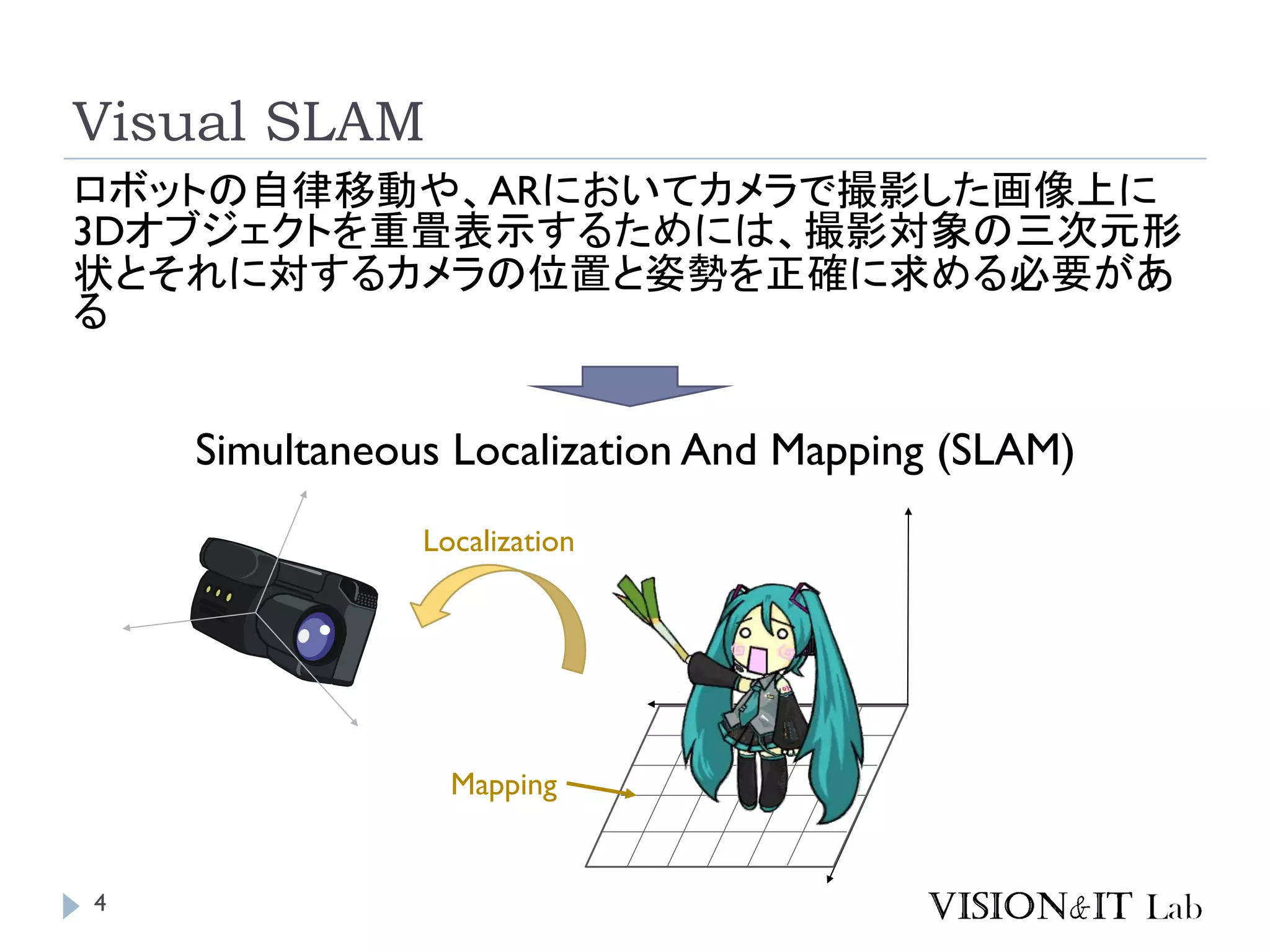 Visual SLAM
4
ロボットの自律移動や、ARにおいてカメラで撮影した画像上に
3Dオブジェクトを重畳表示するためには、撮影対象の三次元形
状とそれに対するカメラの位置と姿勢を正確に求める必要があ
る
Simultaneous Localization And Mapping (SLAM)
Localization
Mapping
 