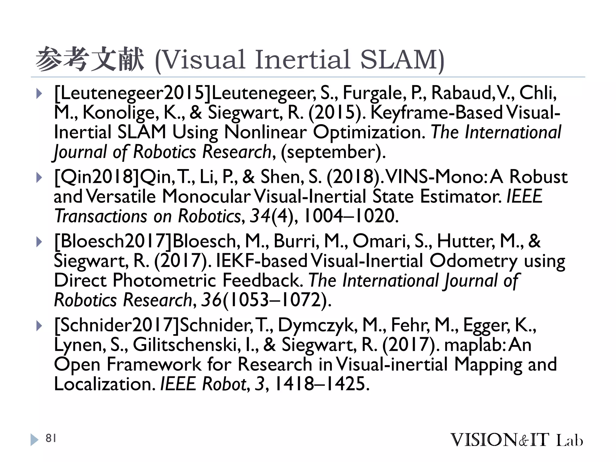 参考文献 (Visual Inertial SLAM)
 [Leutenegeer2015]Leutenegeer, S., Furgale, P., Rabaud,V., Chli,
M., Konolige, K., & Siegwart, R. (2015). Keyframe-BasedVisual-
Inertial SLAM Using Nonlinear Optimization. The International
Journal of Robotics Research, (september).
 [Qin2018]Qin,T., Li, P., & Shen, S. (2018).VINS-Mono:A Robust
andVersatile MonocularVisual-Inertial State Estimator. IEEE
Transactions on Robotics, 34(4), 1004–1020.
 [Bloesch2017]Bloesch, M., Burri, M., Omari, S., Hutter, M., &
Siegwart, R. (2017). IEKF-basedVisual-Inertial Odometry using
Direct Photometric Feedback. The International Journal of
Robotics Research, 36(1053–1072).
 [Schnider2017]Schnider,T., Dymczyk, M., Fehr, M., Egger, K.,
Lynen, S., Gilitschenski, I., & Siegwart, R. (2017). maplab:An
Open Framework for Research inVisual-inertial Mapping and
Localization. IEEE Robot, 3, 1418–1425.
81
 