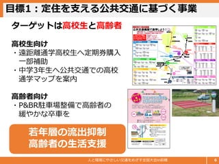 目標1：定住を支える公共交通に基づく事業
人と環境にやさしい交通をめざす全国大会in前橋 6
ターゲットは高校生と高齢者
高校生向け
・遠距離通学高校生へ定期券購入
一部補助
・中学3年生へ公共交通での高校
通学マップを案内
高齢者向け
・P&BR駐車場整備で高齢者の
緩やかな卒車を
若年層の流出抑制
高齢者の生活支援
 