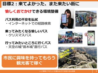 目標2：来てよかった、また来たい街に
人と環境にやさしい交通をめざす全国大会in前橋 7
愉しくおでかけできる環境整備
バス利用の不安を払拭
・インターネットでの経路検索
乗ってみたくなる愉しいバス
・クリスマスバス
行ってみたいところに行くバス
・天空の城“苗木城”直行バス
市民に興味を持ってもらう
観光客で稼ぐ
 