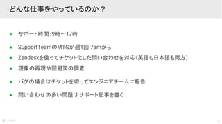 14
どんな仕事をやっているのか？
● サポート時間：9時〜17時
● SupportTeamのMTGが週1回 7amから
● Zendeskを使ってチケット化した問い合わせを対応（英語も日本語も両方）
● 現象の再現や回避策の調査
● バグの場合はチケットを切ってエンジニアチームに報告
● 問い合わせの多い問題はサポート記事を書く
 