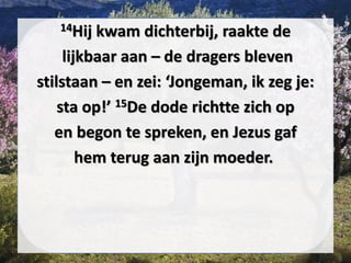 14Hij kwam dichterbij, raakte de
lijkbaar aan – de dragers bleven
stilstaan – en zei: ‘Jongeman, ik zeg je:
sta op!’ 15De dode richtte zich op
en begon te spreken, en ​Jezus​ gaf
hem terug aan zijn moeder.
 