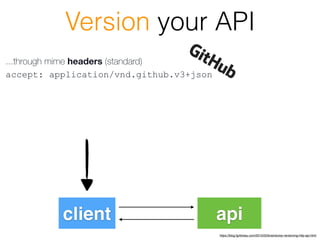 client api
https://blog.fgribreau.com/2015/03/braindump-versioning-http-api.html
Version your API
accept: application/vnd.github.v3+json
...through mime headers (standard)
 