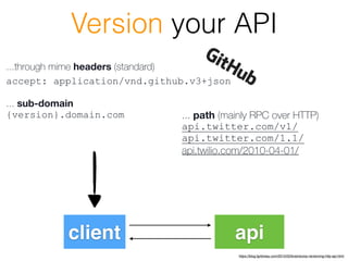 client api
https://blog.fgribreau.com/2015/03/braindump-versioning-http-api.html
... sub-domain
{version}.domain.com ... path (mainly RPC over HTTP)
api.twitter.com/v1/
api.twitter.com/1.1/
api.twilio.com/2010-04-01/
Version your API
accept: application/vnd.github.v3+json
...through mime headers (standard)
 
