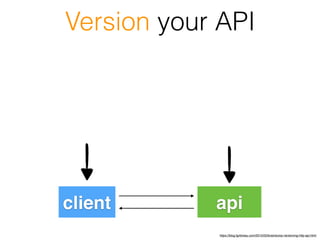 client api
https://blog.fgribreau.com/2015/03/braindump-versioning-http-api.html
Version your API
 