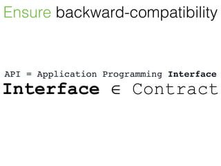 Ensure backward-compatibility
API = Application Programming Interface
Interface ∈ Contract
 
