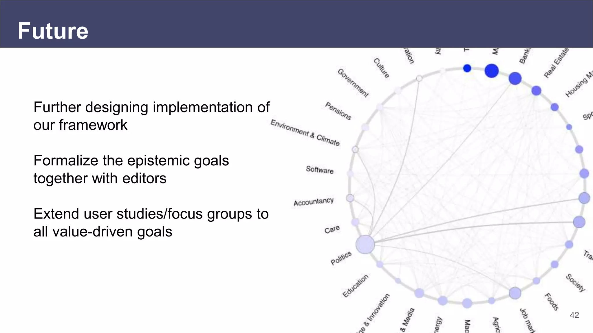 42
Future
Further designing implementation of
our framework
Formalize the epistemic goals
together with editors
Extend user studies/focus groups to
all value-driven goals
 