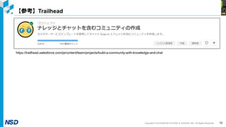 Copyright © 2019 NIHON SYSTEM ＆ DESIGN, INC. All Rights Reserved.
【参考】Trailhead
10
https://trailhead.salesforce.com/ja/content/learn/projects/build-a-community-with-knowledge-and-chat
 