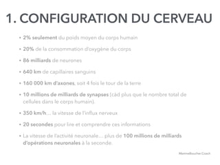 @digitalmetzger
• 2% seulement du poids moyen du corps humain
• 20% de la consommation d’oxygène du corps
• 86 milliards de neurones
• 640 km de capillaires sanguins
• 160 000 km d’axones, soit 4 fois le tour de la terre
• 10 millions de milliards de synapses (càd plus que le nombre total de
cellules dans le corps humain).
• 350 km/h… la vitesse de l’inﬂux nerveux
• 20 secondes pour lire et comprendre ces informations
• La vitesse de l’activité neuronale… plus de 100 millions de milliards
d’opérations neuronales à la seconde.
MartineBoucher.Coach
1. CONFIGURATION DU CERVEAU
 