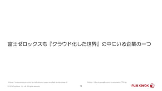 富士ゼロックスも『クラウド化した世界』の中にいる企業の一つ
14© 2019 Fuji Xerox Co., Ltd. All rights reserved.
https://cloud.google.com/customers/?hl=jahttps://aws.amazon.com/jp/solutions/case-studies/enterprise-it/
 