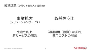 経営課題（クラウドを導入する目的）
18© 2019 Fuji Xerox Co., Ltd. All rights reserved.
事業拡大
（ソリューションサービス）
収益性向上
初期費用（投資）の抑制
運用コストの削減
生産性向上
新サービスの開発
 