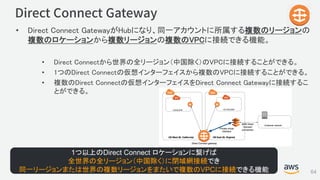 © 2017, Amazon Web Services, Inc. or its Affiliates. All rights reserved.
• Direct Connect GatewayがHubになり、同一アカウントに所属する複数のリ...