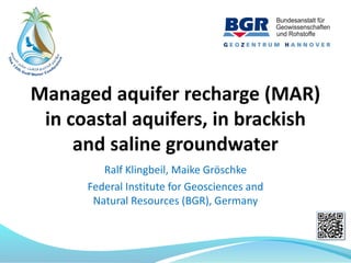 Managed aquifer recharge (MAR)
in coastal aquifers, in brackish
and saline groundwater
Ralf Klingbeil, Maike Gröschke
Federal Institute for Geosciences and
Natural Resources (BGR), Germany
 