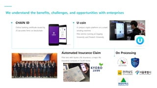 We understand the benefits, challenges, and opportunities with enterprises
Exchanges
Online banking certificate issued by
25 securities firms on blockchain
CHAIN ID
A campus crypto platform on a smart
vending machine.
Pilot service running at Sogang
University and Postech University
U-coin
Pilot test with Kyobo Life Insurance, a major life
insurance company in South Korea
Automated Insurance Claim On Processing
 
