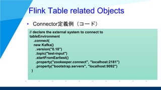 Flink Table related Objects
• Connector定義例（コード）
// declare the external system to connect to
tableEnvironment
.connect(
ne...