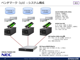 ベンチマーク（1/2）– システム構成
Hadoop / Spark Conference Japan 2019 - Arrow_Fdw17
NEC Express5800/R120g-2m
CPU: Intel Xeon E5-2603 v4 (6C, 1.7GHz)
RAM: 64GB
OS: Red Hat Enterprise Linux 7
(kernel: 3.10.0-862.9.1.el7.x86_64)
CUDA-9.2.148 + driver 396.44
DB: PostgreSQL 11beta3 + PG-Strom v2.1devel
lineorder_a
(351GB)
lineorder_b
(351GB)
lineorder_c
(351GB)
NEC ExpEther (40Gb; 4slots版)
I/F: PCIe 3.0 x8 (x16幅) x4スロット
+ internal PCIe switch
N/W: 40Gb-ethernet
NVIDIA Tesla P40
# of cores: 3840 (1.3GHz)
Device RAM: 24GB (347GB/s, GDDR5)
CC: 6.1 (Pascal, GP104)
I/F: PCIe 3.0 x16
Intel DC P4600 (2.0TB; HHHL)
SeqRead: 3200MB/s
SeqWrite: 1575MB/s
RandRead: 610k IOPS
RandWrite: 196k IOPS
I/F: PCIe 3.0 x4
v2.1
SPECIAL THANKS FOR
 