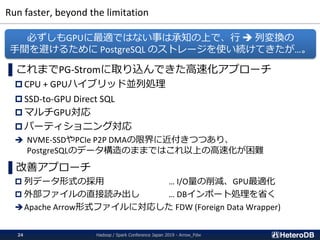 Run faster, beyond the limitation
▌これまでPG-Stromに取り込んできた高速化アプローチ
 CPU + GPUハイブリッド並列処理
 SSD-to-GPU Direct SQL
 マルチGPU対応
 パーティショニング対応
 NVME-SSDやPCIe P2P DMAの限界に近付きつつあり、
PostgreSQLのデータ構造のままではこれ以上の高速化が困難
▌改善アプローチ
 列データ形式の採用 … I/O量の削減、GPU最適化
 外部ファイルの直接読み出し … DBインポート処理を省く
Apache Arrow形式ファイルに対応した FDW (Foreign Data Wrapper)
必ずしもGPUに最適ではない事は承知の上で、行  列変換の
手間を避けるために PostgreSQL のストレージを使い続けてきたが…。
Hadoop / Spark Conference Japan 2019 - Arrow_Fdw24
 