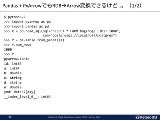 Pandas + PyArrowでもRDBArrow変換できるけど…。（1/2）
$ python3.5
>>> import pyarrow as pa
>>> import pandas as pd
>>> X = pd.read_sql(sql="SELECT * FROM hogehoge LIMIT 1000",
con="postgresql://localhost/postgres")
>>> Y = pa.Table.from_pandas(X)
>>> Y.num_rows
1000
>>> Y
pyarrow.Table
id: int64
a: int64
b: double
c: string
d: string
e: double
ymd: date32[day]
__index_level_0__: int64
Hadoop / Spark Conference Japan 2019 - Arrow_Fdw30
 