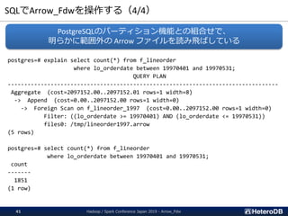 SQLでArrow_Fdwを操作する（4/4）
postgres=# explain select count(*) from f_lineorder
where lo_orderdate between 19970401 and 19970531;
QUERY PLAN
----------------------------------------------------------------------------------
Aggregate (cost=2097152.00..2097152.01 rows=1 width=8)
-> Append (cost=0.00..2097152.00 rows=1 width=0)
-> Foreign Scan on f_lineorder_1997 (cost=0.00..2097152.00 rows=1 width=0)
Filter: ((lo_orderdate >= 19970401) AND (lo_orderdate <= 19970531))
files0: /tmp/lineorder1997.arrow
(5 rows)
postgres=# select count(*) from f_lineorder
where lo_orderdate between 19970401 and 19970531;
count
-------
1851
(1 row)
PostgreSQLのパーティション機能との組合せで、
明らかに範囲外の Arrow ファイルを読み飛ばしている
Hadoop / Spark Conference Japan 2019 - Arrow_Fdw41
 