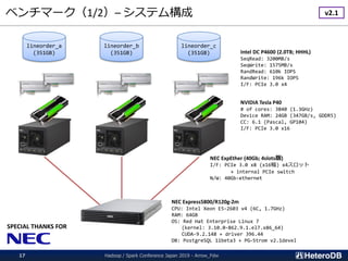 ベンチマーク（1/2）– システム構成
Hadoop / Spark Conference Japan 2019 - Arrow_Fdw17
NEC Express5800/R120g-2m
CPU: Intel Xeon E5-2603 v4...