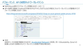 パフォーマンス AP-DB間ネットワークレイテンシ
50
Accelerated Network
https://blogs.technet.microsoft.com/jpitpro/2018/02/13/sap-on-azure-general-update-january-2018/
 
