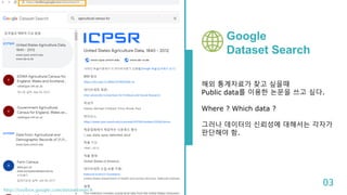 Google
Dataset Search
해외 통계자료가 찾고 싶을때
Public data를 이용한 논문을 쓰고 싶다.
Where ? Which data ?
그러나 데이터의 신뢰성에 대해서는 각자가
판단해야 함.
03
http://toolbox.google.com/datasetsearch
 