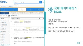 국내 데이터베이스
NDSL
논문 뿐만이 아닌
“특허“ “보고서“ “동향정보“
찾을때,
특히 “보고서＂의 경우 (국가 R&D 보고서)
특히 “특허” 의 경우 (한국특허 KO)
03
http://www.ndsl.kr
 