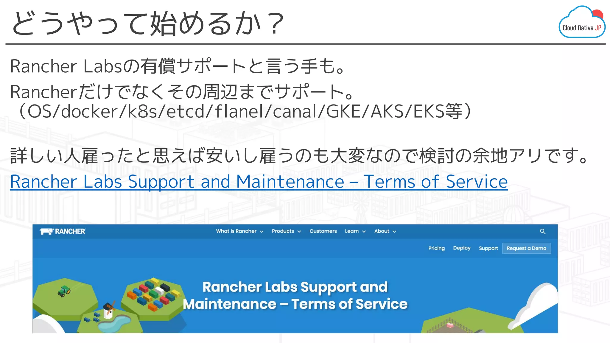 どうやって始めるか？
Rancher Labsの有償サポートと言う手も。
Rancherだけでなくその周辺までサポート。
（OS/docker/k8s/etcd/flanel/canal/GKE/AKS/EKS等）
詳しい人雇ったと思えば安いし雇うのも大変なので検討の余地アリです。
Rancher Labs Support and Maintenance – Terms of Service
 