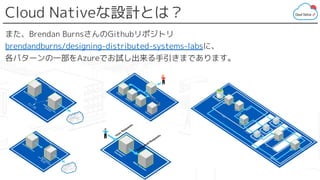 Cloud Nativeな設計とは？
また、Brendan BurnsさんのGithubリポジトリ
brendandburns/designing-distributed-systems-labsに、
各パターンの一部をAzureでお試し出来る手引きまであります。
 