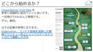 どこから始めるか？
Cloud Native Trail Map を
参考に段階的に始めていくと良いです。
一足飛びでk8sなんて無理です。
ダメ。絶対。
以下の記事が参考になります。
Kubernetes、コンテナ技術を活用した開
発アジリティー向上にインフラアーキテク
トはどう貢献したのか
 