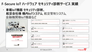 18
F-Secure IoT ハードウェア セキュリティ診断サービス 実績
・ 車載IoT機器 セキュリティ診断、
航空会社様 機内IoTシステム, 航空管制システム,
金融機関様IoT機器など
© F-Secure 2019
 