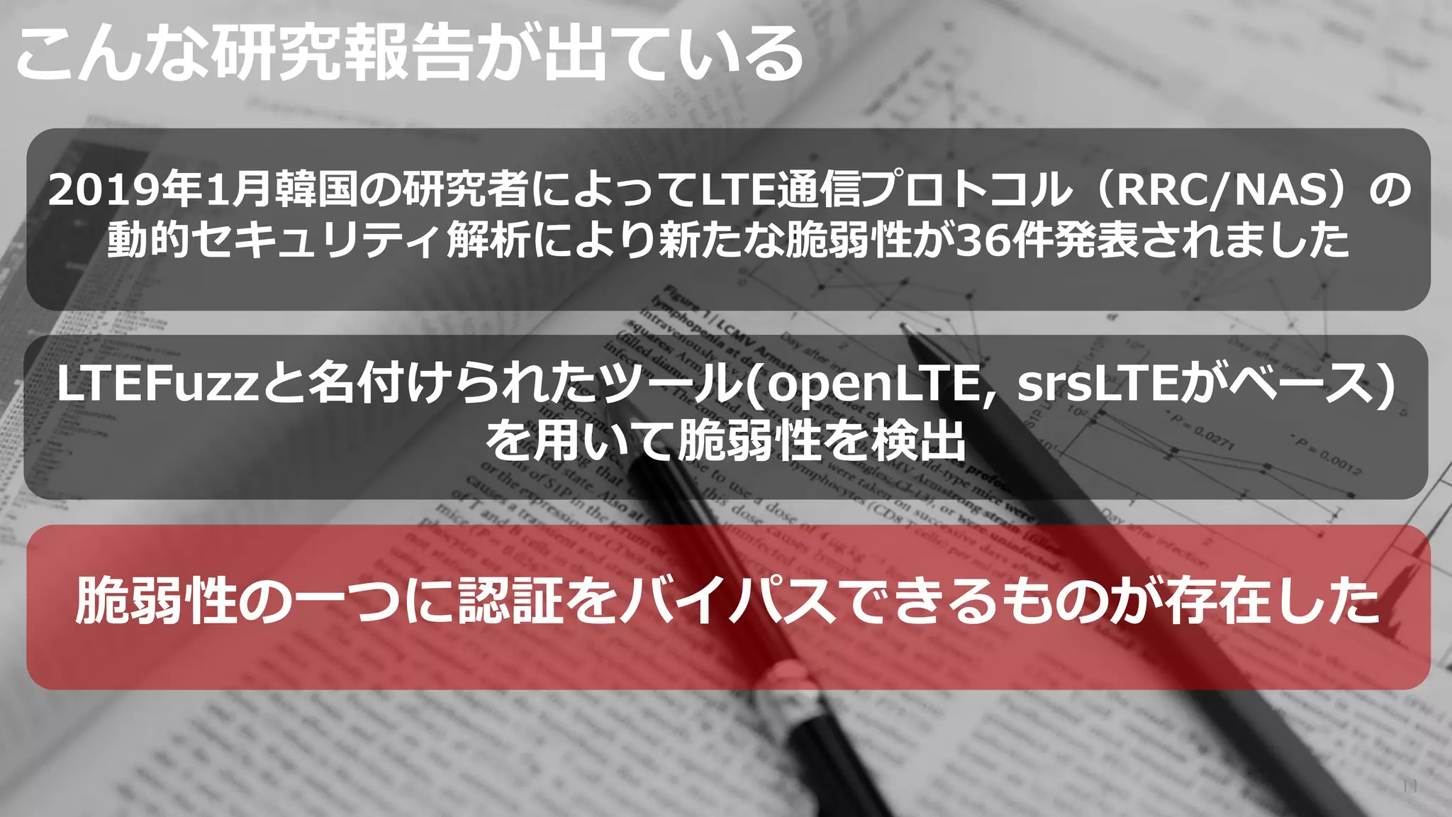 こんな研究報告が出ている
11
LTEFuzzと名付けられたツール(openLTE, srsLTEがベース)
を用いて脆弱性を検出
2019年1月韓国の研究者によってLTE通信プロトコル（RRC/NAS）の
動的セキュリティ解析により新たな脆弱性が36件発表されました
脆弱性の一つに認証をバイパスできるものが存在した
 