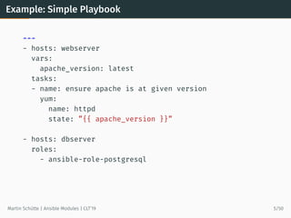 Example: Simple Playbook
---
- hosts: webserver
vars:
apache_version: latest
tasks:
- name: ensure apache is at given vers...