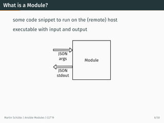 What is a Module?
some code snippet to run on the (remote) host
executable with input and output
Martin Schütte | Ansible ...
