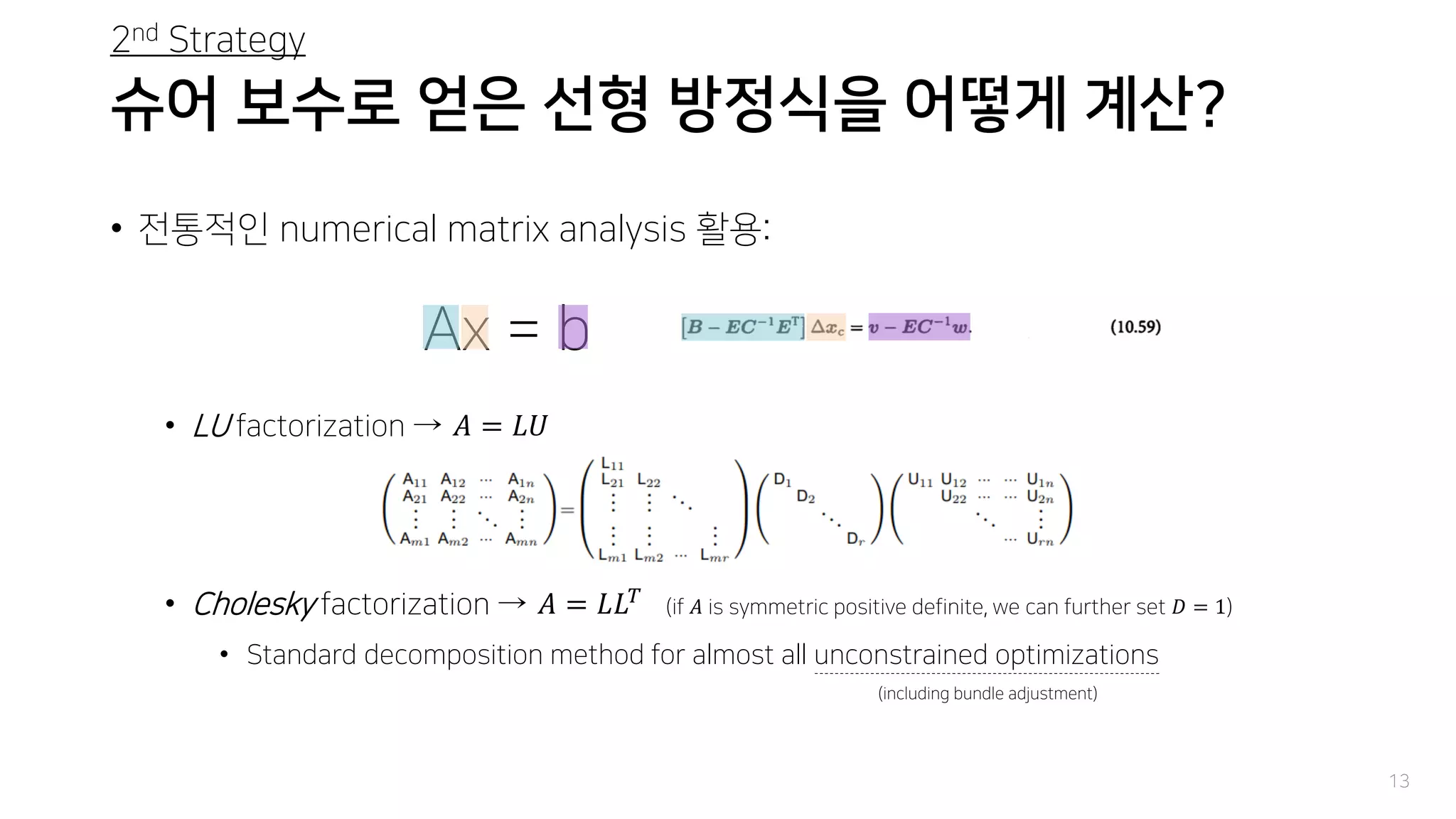 슈어 보수로 얻은 선형 방정식을 어떻게 계산?
• 전통적인 numerical matrix analysis 활용:
• LU factorization → 𝐴 = 𝐿𝑈
• Cholesky factorization → 𝐴 = 𝐿𝐿 𝑇
(if 𝐴 is symmetric positive definite, we can further set 𝐷 = 1)
• Standard decomposition method for almost all unconstrained optimizations
13
Ax = b
(including bundle adjustment)
2nd Strategy
 