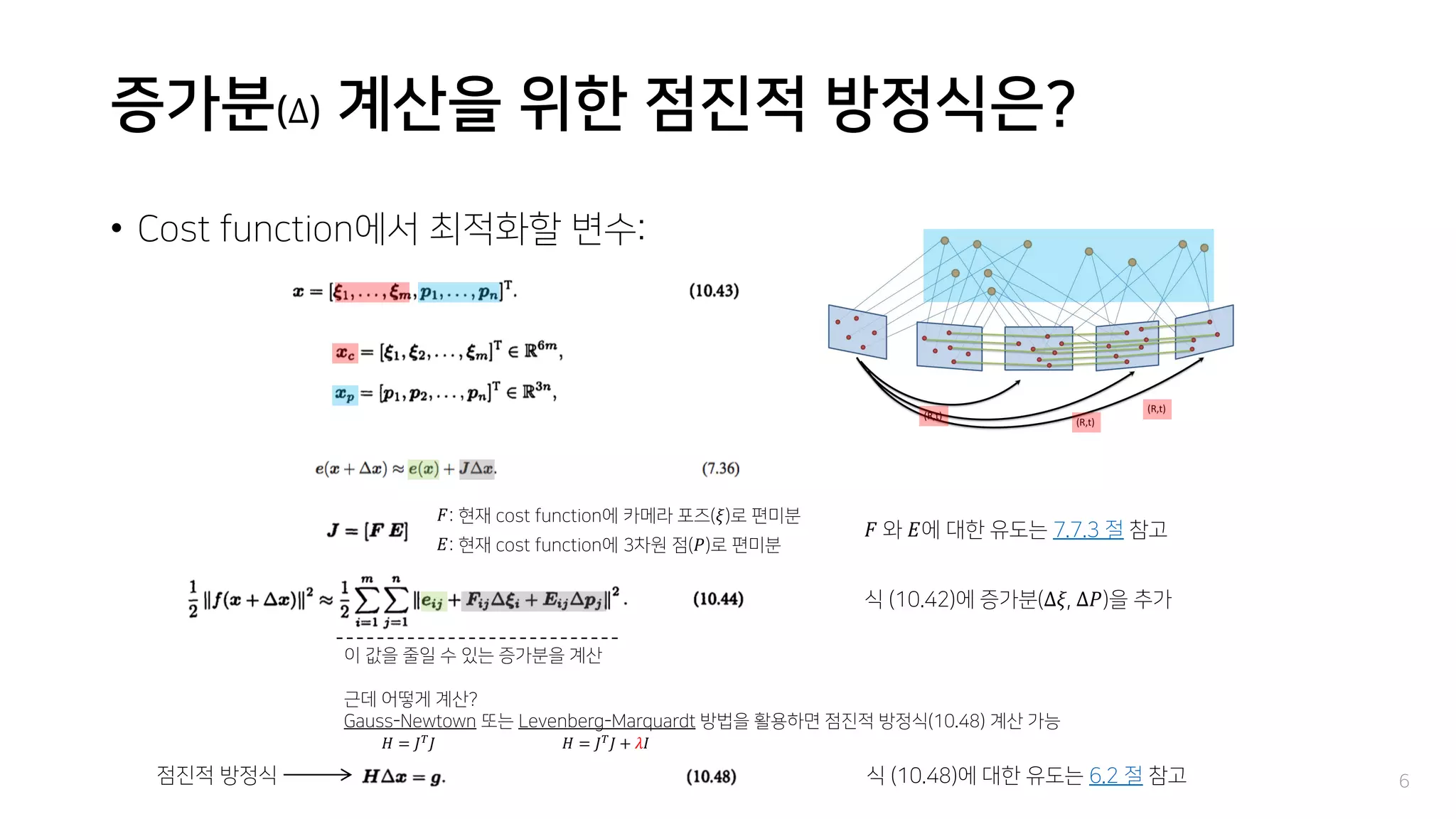 증가분(Δ) 계산을 위한 점진적 방정식은?
• Cost function에서 최적화할 변수:
6
식 (10.42)에 증가분(Δ𝜉, Δ𝑃)을 추가
𝐹: 현재 cost function에 카메라 포즈(𝜉)로 편미분
𝐸: 현재 cost function에 3차원 점(𝑃)로 편미분
이 값을 줄일 수 있는 증가분을 계산
근데 어떻게 계산?
Gauss-Newtown 또는 Levenberg-Marquardt 방법을 활용하면 점진적 방정식(10.48) 계산 가능
식 (10.48)에 대한 유도는 6.2 절 참고
𝐹 와 𝐸에 대한 유도는 7.7.3 절 참고
𝐻 = 𝐽 𝑇 𝐽 𝐻 = 𝐽 𝑇 𝐽 + 𝜆𝐼
점진적 방정식
 