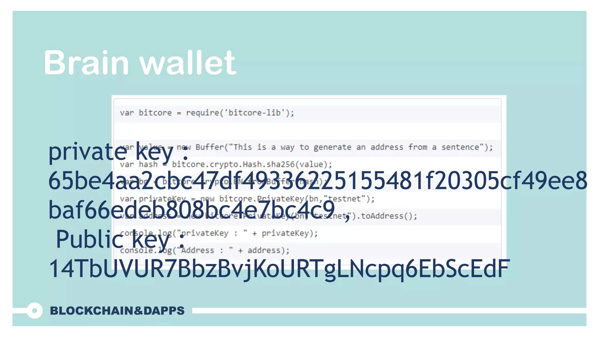 Brain wallet
private key :
65be4aa2cbc47df49336225155481f20305cf49ee8
baf66edeb808bc4e7bc4c9 ,
Public key :
14TbUVUR7BbzBvjKoURTgLNcpq6EbScEdF
 
