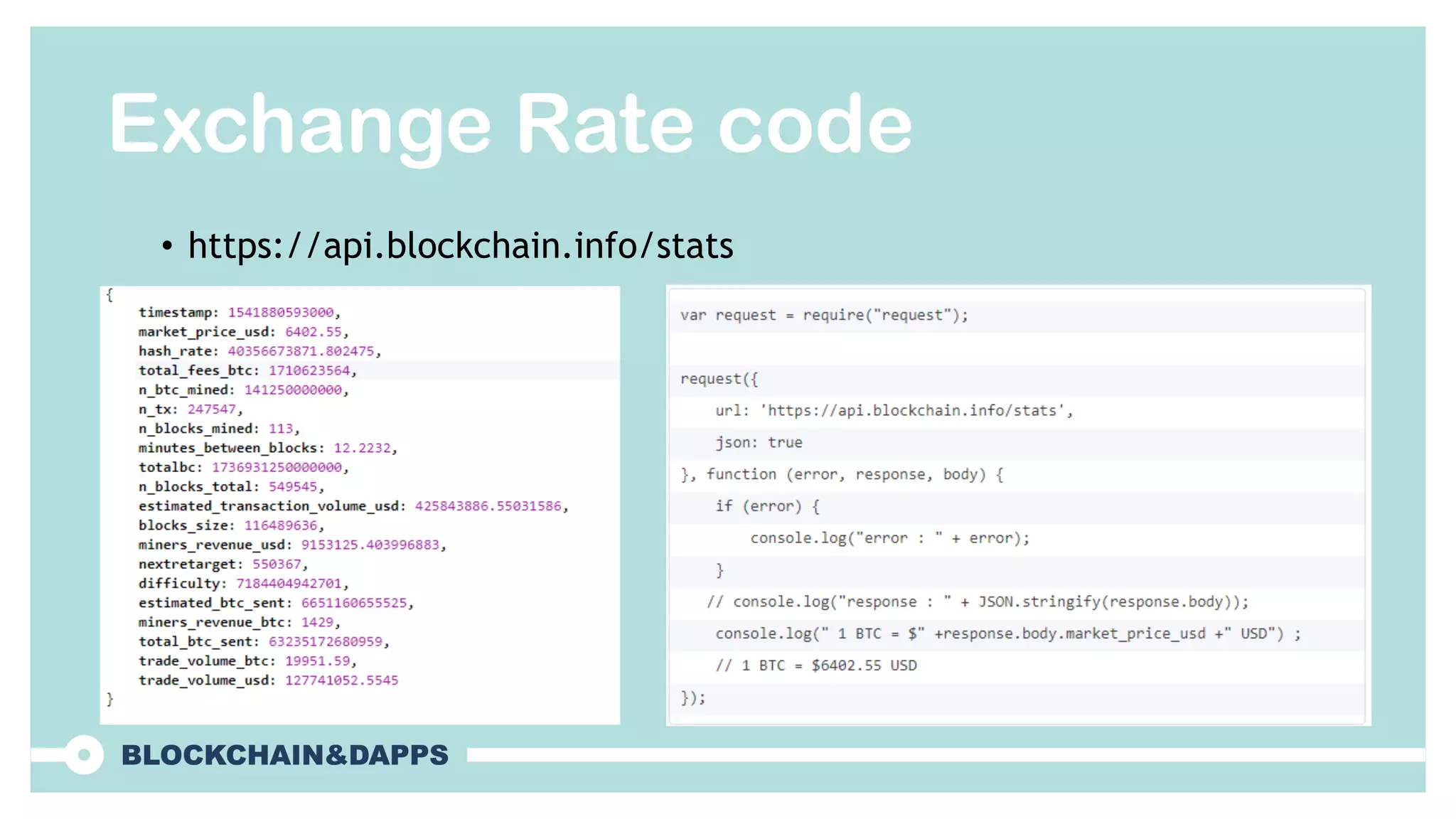Exchange Rate code
• https://api.blockchain.info/stats
 