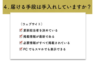４. 届ける手段は手入れしていますか？
（ウェブサイト）
□ 更新担当者を決めている
□ 掲載情報が最新である
□ 必要情報がすべて掲載されている
□ PC でもスマホでも表示できる
✓
✓
✓
✓
 