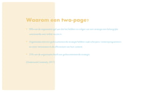 Waarom een two-page?
• 98%vandeorganisatiesgafaandathethebbenenvolgenvaneenstrategieeenbelangrijke
voorwaardevooronlinesuccesis.
• Organisatiesmeteengedocumenteerdestrategiehebbenvaakscherpere‘contentprogramma’s’
enmeervertrouwenindeeffectiviteitvanhun content.
• 55%vandeorganisatiesheefteengedocumenteerdestrategie.
(OnderzoekContently,2017)
 