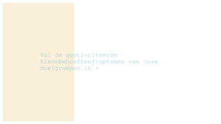 Vul de geprioriteerde
klantbehoeften/toptaken van jouw
doelgroepen in >
 