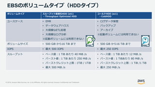 © 2019, Amazon Web Services, Inc. or its Affiliates. All rights reserved. Amazon Confidential and Trademark
ボリュームタイプ スループット最適化HDD (st1)
- Throughput Optimized HDD
コールドHDD (sc1)
- ColdHDD
ユースケース • EMR
• データウェアハウス
• 大規模なETL処理
• 大規模なログ分析
※起動ボリュームには利用できない
• ログデータ保管
• バックアップ
• アーカイブ
※起動ボリュームには利用できない
ボリュームサイズ • 500 GiB から16 TiB まで • 500 GiB から16 TiB まで
IOPS • 最大 500 IOPS • 最大 250 IOPS
スループット • ベース値：1 TiB あたり 40 MiB /s
• バースト値：1 TiB あたり 250 MiB /s
• バーストクレジット上限：1TiB / 1TiB
• 最大 500 MiB /s
• ベース値：1 TiB あたり 12 MiB /s
• バースト値：1 TiBあたり 80 MiB /s
• バーストクレジット上限：1 TiB /1 TiB
• 最大 250 MiB /s
EBSのボリュームタイプ（HDDタイプ）
 