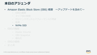 © 2019, Amazon Web Services, Inc. or its Affiliates. All rights reserved. Amazon Confidential and Trademark
本日のアジェンダ
• Amazon Elastic Block Store (EBS) 概要 ～アップデートを含めて～
• EBSの概要
• タイプ別の特徴
• EC2インスタンスとパフォーマンスの考慮
• 監視
• NVMe SSD
• EBSの機能
• Elastic Volume
• EBS Snapshot
• 暗号化
• EBSの価格
• まとめ
 
