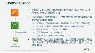 © 2019, Amazon Web Services, Inc. or its Affiliates. All rights reserved. Amazon Confidential and Trademark
EBSのSnapshot
• 定期的にEBSの Snapshot を作成することにより
バックアップを取得する
• Snapshot 作成時はデータ整合性を保つため静止点
を設ける事を推奨
– ソフトウェアの機能 (例：RDBMSのバックアップモード)
– ファイルシステムの機能（例：Linuxのxfs_freeze）
– バックアップソフトウェアの機能
– （アプリケーションの停止）
– （ファイルシステムのアンマウント）
• 保存期間や世代数は無制限。世代管理が必要な場合
は、AWS CLIやAPI等で自動化したり、他のサービ
スを利用
Snapshot作成
EBS Snapshot
 