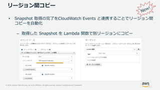 © 2019, Amazon Web Services, Inc. or its Affiliates. All rights reserved. Amazon Confidential and Trademark
リージョン間コピー
• Snapshot 取得の完了をCloudWatch Events と連携することでリージョン間
コピーを自動化
– 取得した Snapshot を Lambda 関数で別リージョンにコピー
 