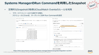 © 2019, Amazon Web Services, Inc. or its Affiliates. All rights reserved. Amazon Confidential and Trademark
Systems ManagerのRun Commandを利用したSnapshot
• 定期的なSnapshotの取得はCloudWatch Eventsのルールを利用
– マネージドコンソールから設定する場合、
スケジュールにCron式、ターゲットにSSM Run Commandを設定
https://docs.aws.amazon.com/ja_jp/systems-manager/latest/userguide/integration-vss.html
 