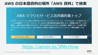 © 2019, Amazon Web Services, Inc. or its Affiliates. All rights reserved. Amazon Confidential and Trademark
AWS の日本語資料の場所「AWS 資料」で検索
https://amzn.to/JPArchive
 