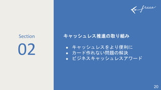 20
02
キャッシュレス推進の取り組み
⚫ キャッシュレスをより便利に
⚫ カード作れない問題の解決
⚫ ビジネスキャッシュレスアワード
20
Section
 