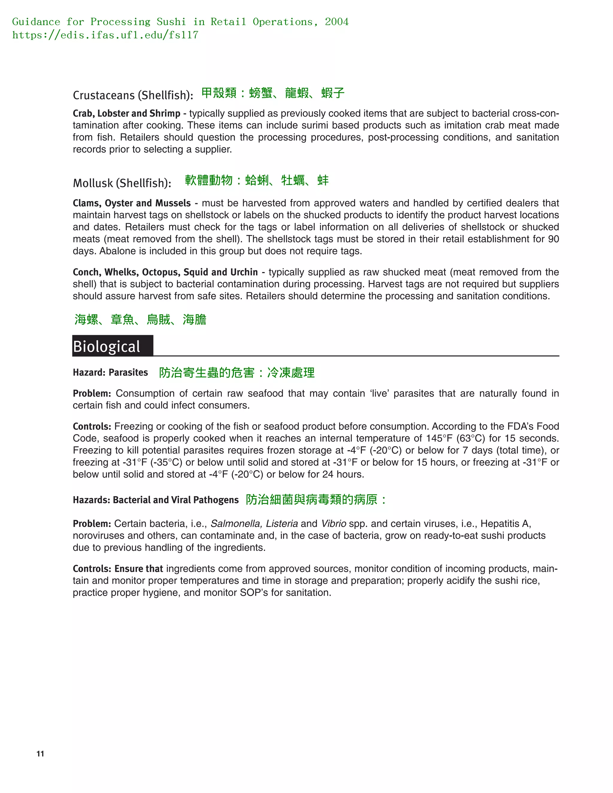 11
Crustaceans (Shellfish):
Crab, Lobster and Shrimp - typically supplied as previously cooked items that are subject to bacterial cross-con-
tamination after cooking. These items can include surimi based products such as imitation crab meat made
from fish. Retailers should question the processing procedures, post-processing conditions, and sanitation
records prior to selecting a supplier.
Mollusk (Shellfish):
Clams, Oyster and Mussels - must be harvested from approved waters and handled by certified dealers that
maintain harvest tags on shellstock or labels on the shucked products to identify the product harvest locations
and dates. Retailers must check for the tags or label information on all deliveries of shellstock or shucked
meats (meat removed from the shell). The shellstock tags must be stored in their retail establishment for 90
days. Abalone is included in this group but does not require tags.
Conch, Whelks, Octopus, Squid and Urchin - typically supplied as raw shucked meat (meat removed from the
shell) that is subject to bacterial contamination during processing. Harvest tags are not required but suppliers
should assure harvest from safe sites. Retailers should determine the processing and sanitation conditions.
Biological
Hazard: Parasites
Problem: Consumption of certain raw seafood that may contain ‘live’ parasites that are naturally found in
certain fish and could infect consumers.
Controls: Freezing or cooking of the fish or seafood product before consumption. According to the FDA’s Food
Code, seafood is properly cooked when it reaches an internal temperature of 145°F (63°C) for 15 seconds.
Freezing to kill potential parasites requires frozen storage at -4°F (-20°C) or below for 7 days (total time), or
freezing at -31°F (-35°C) or below until solid and stored at -31°F or below for 15 hours, or freezing at -31°F or
below until solid and stored at -4°F (-20°C) or below for 24 hours.
Hazards: Bacterial and Viral Pathogens
Problem: Certain bacteria, i.e., Salmonella, Listeria and Vibrio spp. and certain viruses, i.e., Hepatitis A,
noroviruses and others, can contaminate and, in the case of bacteria, grow on ready-to-eat sushi products
due to previous handling of the ingredients.
Controls: Ensure that ingredients come from approved sources, monitor condition of incoming products, main-
tain and monitor proper temperatures and time in storage and preparation; properly acidify the sushi rice,
practice proper hygiene, and monitor SOP’s for sanitation.
Guidance for Processing Sushi in Retail Operations, 2004
https://edis.ifas.ufl.edu/fs117
甲殼類：螃蟹、龍蝦、蝦子
軟體動物：蛤蜊、牡蠣、蚌
海螺、章魚、烏賊、海膽
防治寄生蟲的危害：冷凍處理
防治細菌與病毒類的病原：
 